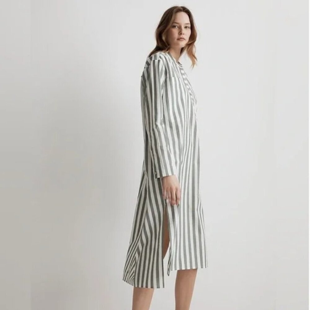 Madewell Poplin Oversized Midi Shirtdress Green White Striped Coastal Breezy